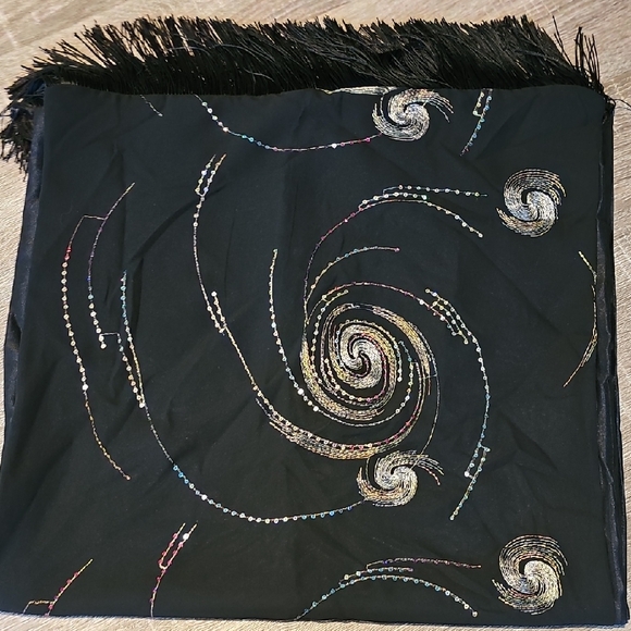 Vintage Black Beaded Evening Shawl with Fringe – 18x68 - Picture 2 of 4